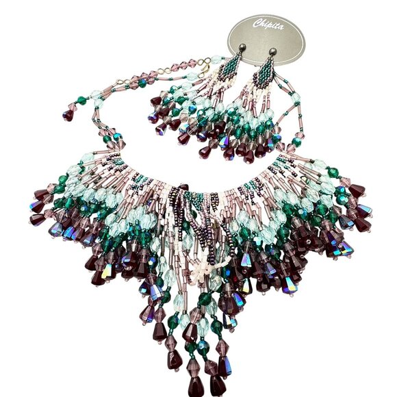 Chipita Waterfall Necklace Pierced Earrings Set Purple Green Crystals - Picture 2 of 2
